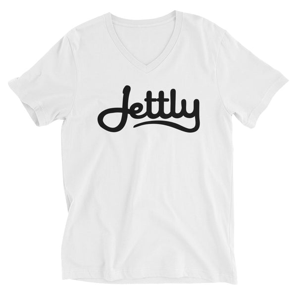 White Bella + Canvas 3005 Unisex Short Sleeve Jettly V-Neck Jersey Tee with Tear Away Label